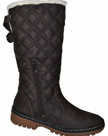 [Khaki, 7] LADIES WOMENS G1 CALF LENGTH FUR LINED QUILTED BUCKLE BIKER RIDING BOOT SHOES